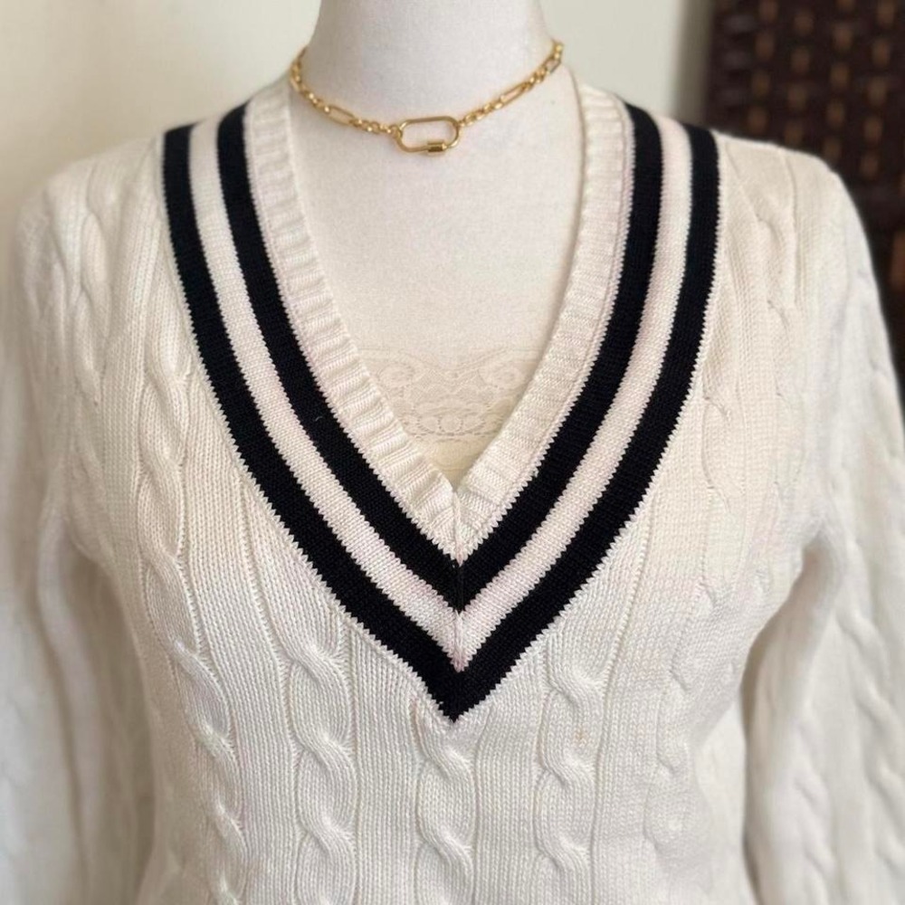 Ralph Lauren White Cable Knit Sweater Women's V Neck Striped Collar Top - Picture 4 of 8